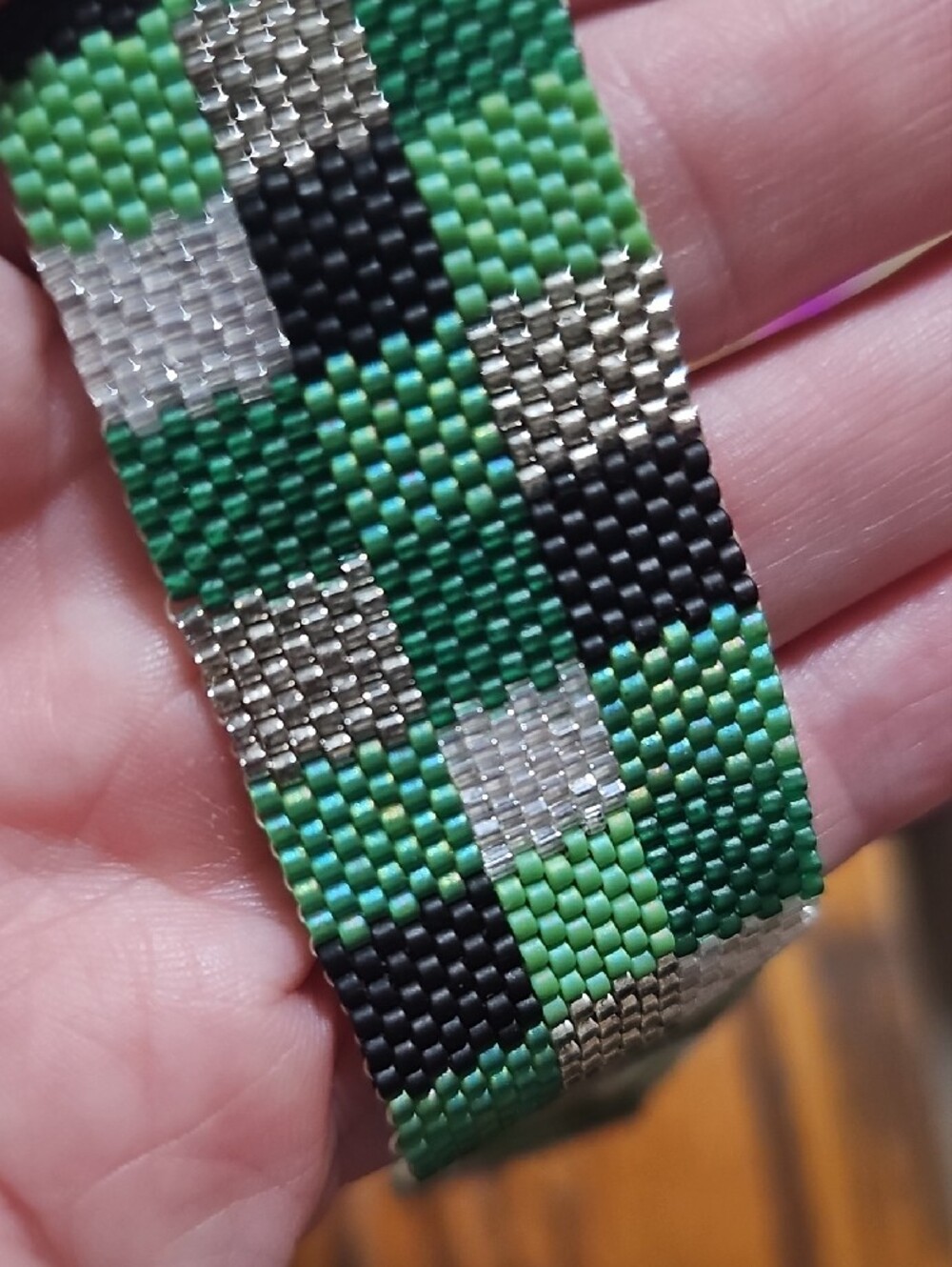 Green, Silver, and Black Handwoven Seed Bead Cuff Bracelet